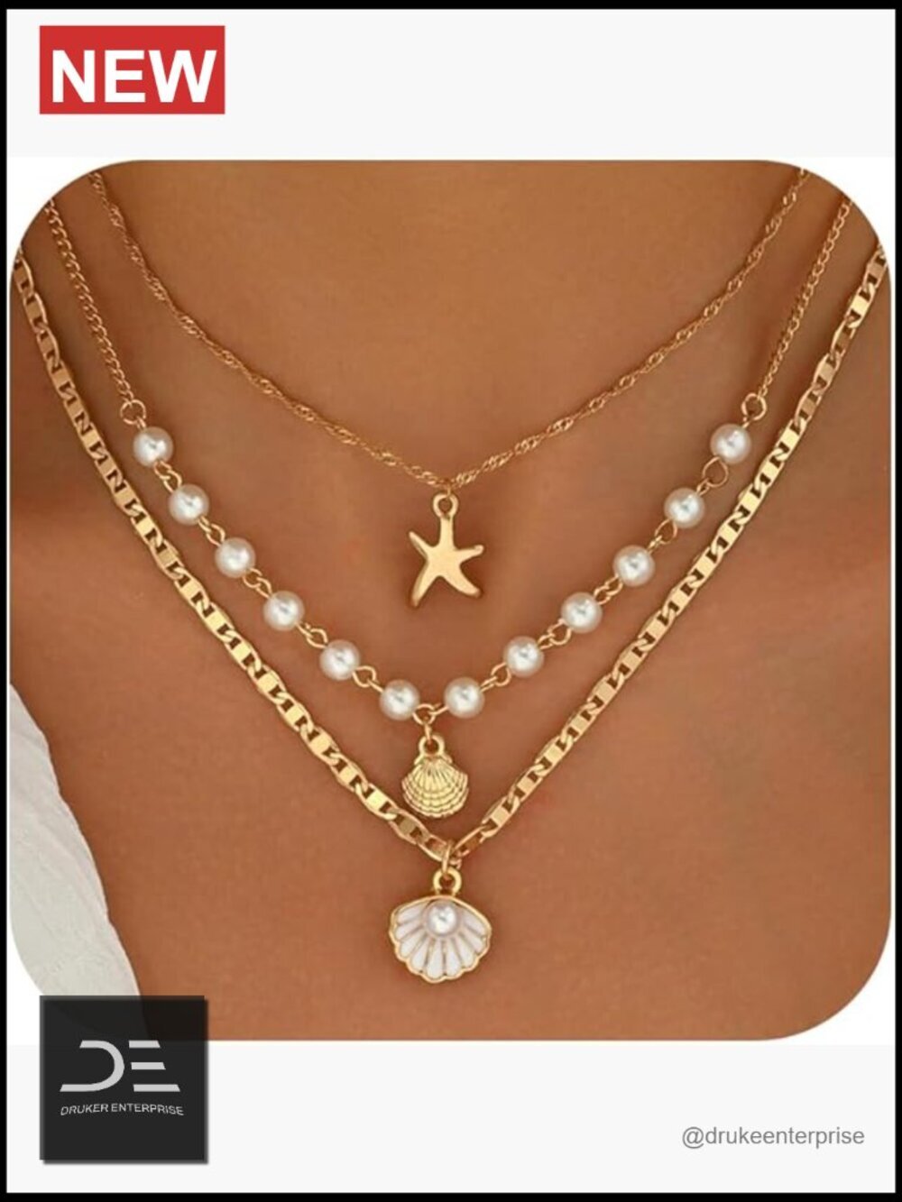 Layered Starfish Seashell Pendant Necklace Beach Jewelry for Women